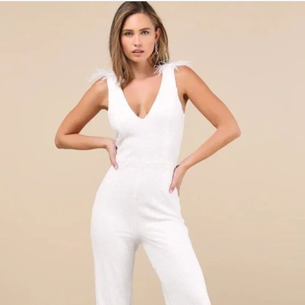 Lulus NWT Shiny Perfection White Sequin Feather Rhinestone Jumpsuit - Size S
